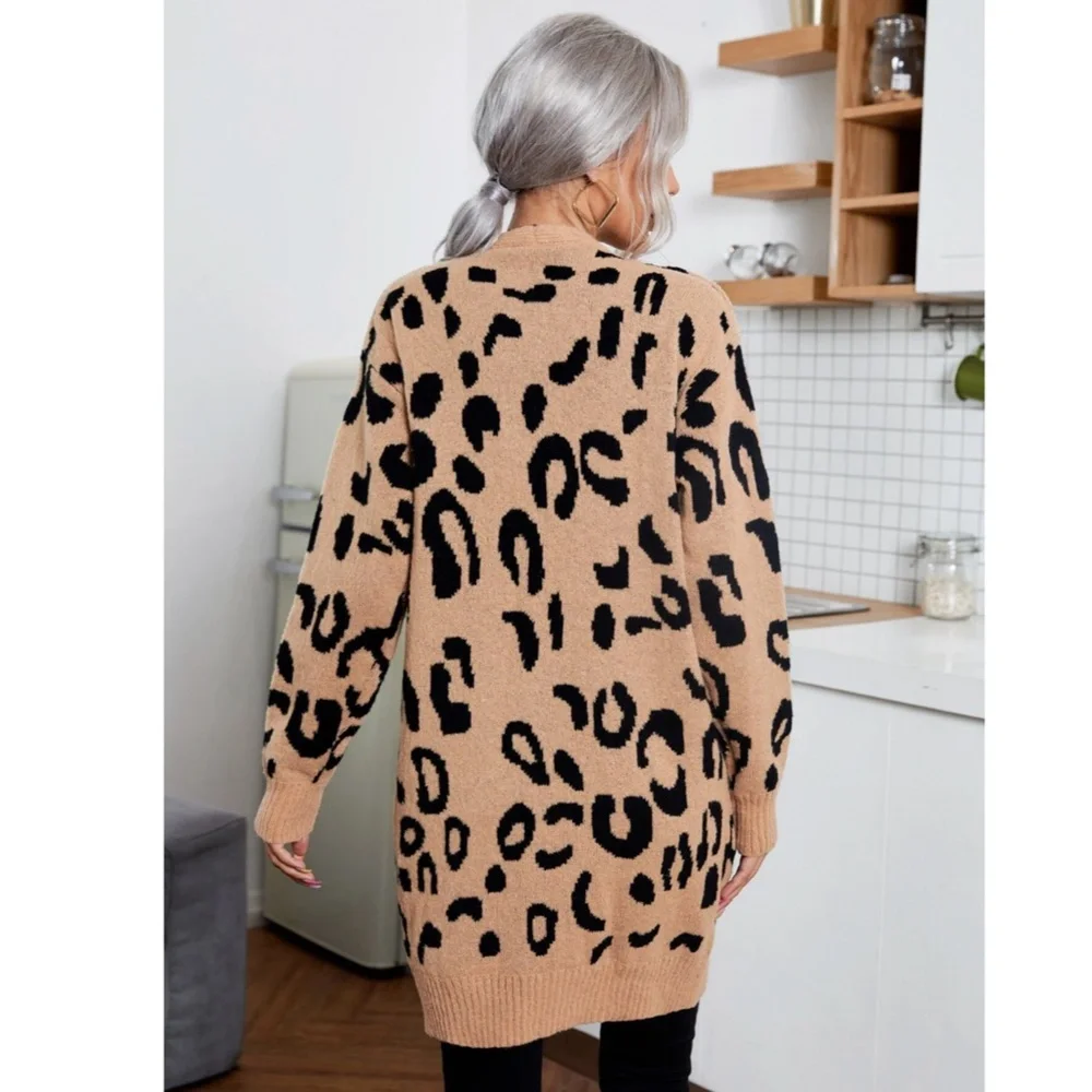Cheetah Print Camel Tan Open Cardigan Thigh Length Long Sleeve - Picture 2 of 7